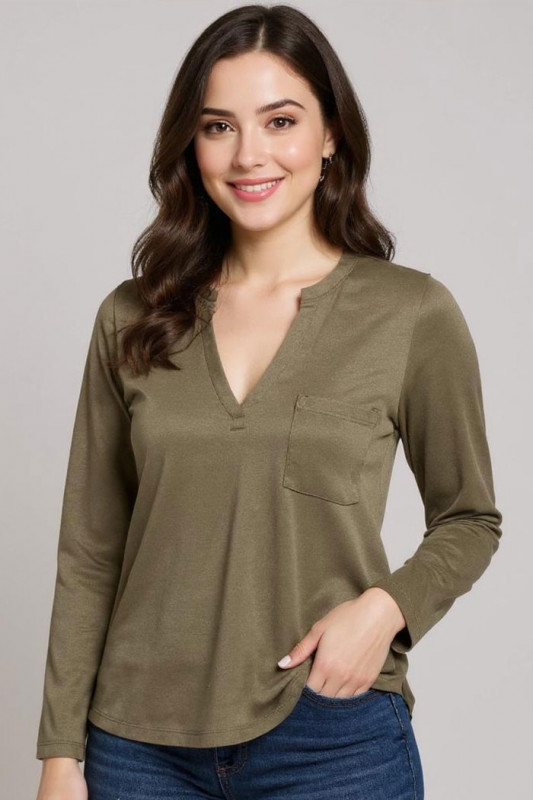 T-shirt Dalila col V kaki femme