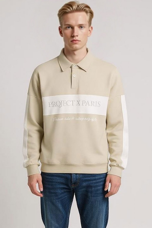 Sweatshirt col polo beige homme