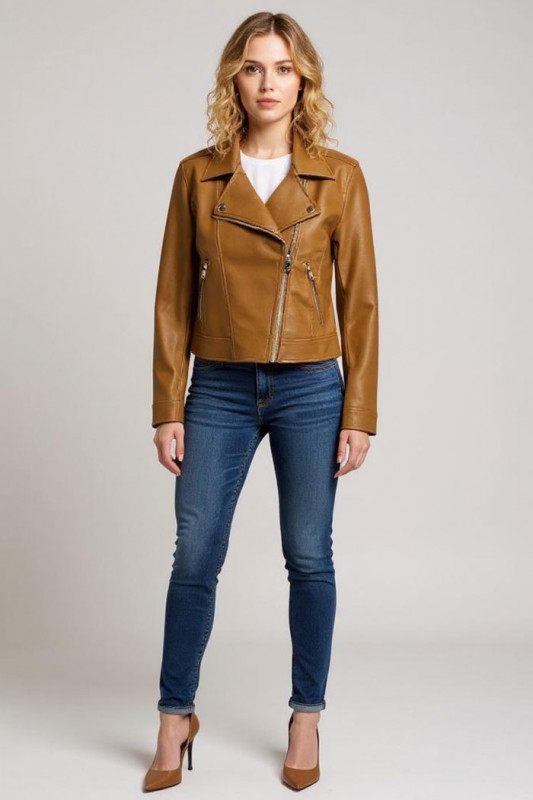 Veste Biker marron en simili cuir Only