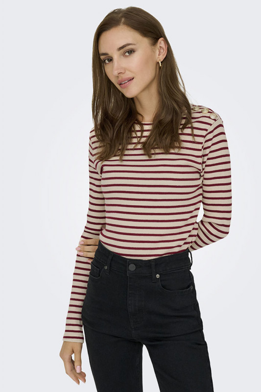 T-shirt Kato à rayures beige et bordeaux femme JDY