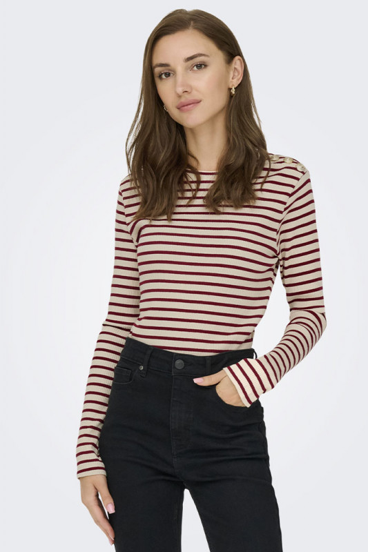 T-shirt Kato à rayures beige et bordeaux femme