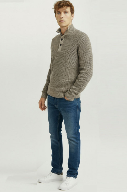 Pull en maille Ethan marron col boutonné