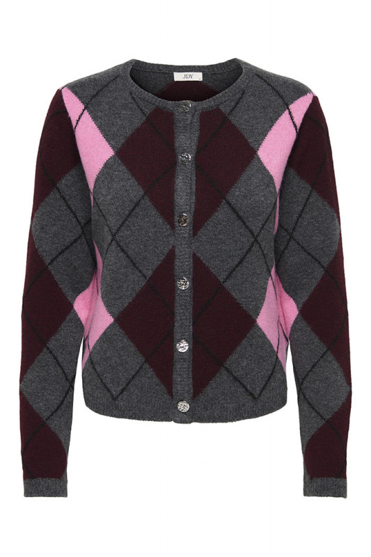 Cardigan gris, rose et marron