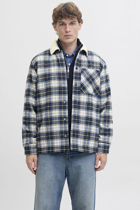 Surchemise Teddy à carreaux beige et bleu jack & jones matelassée