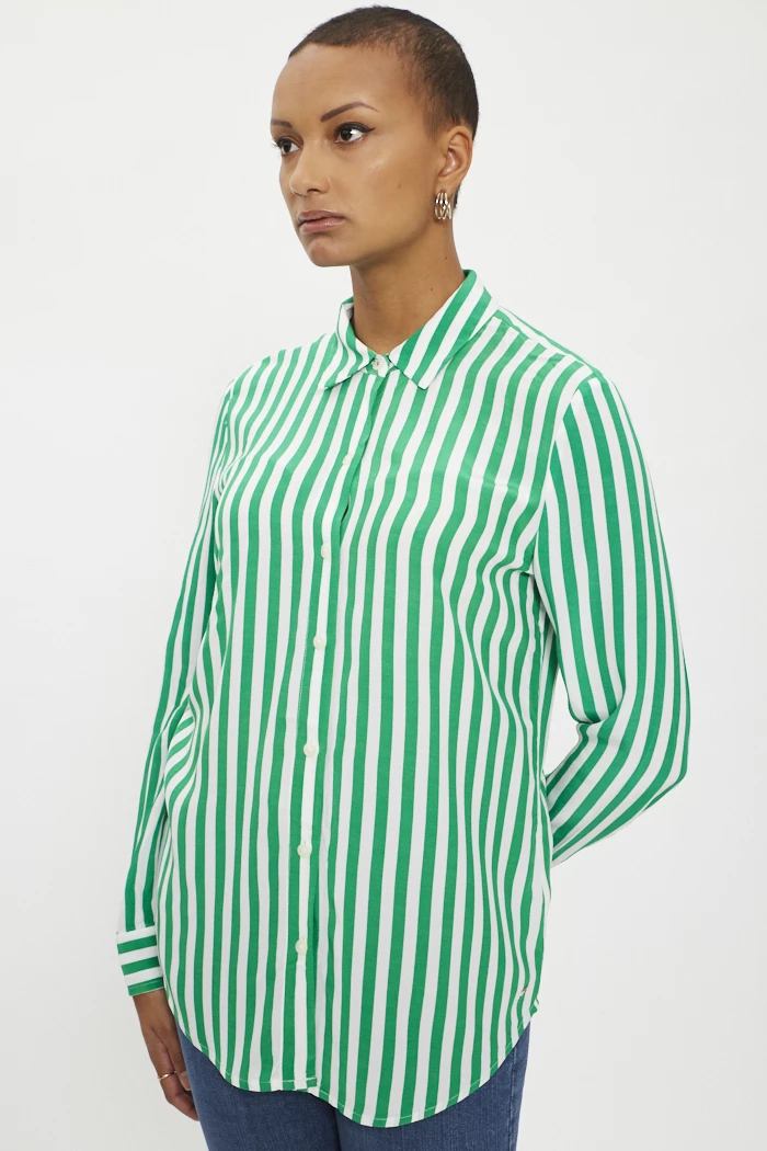 Chemisier DI RUNDI Femme – Manches Courtes – Rayures Vertes – Lin & Viscose – Taille 42