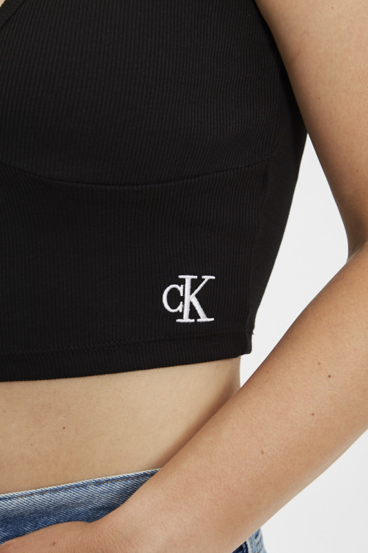 Top crop noir côtelé