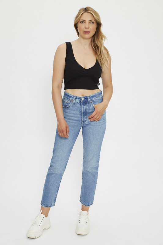 Top crop noir côtelé