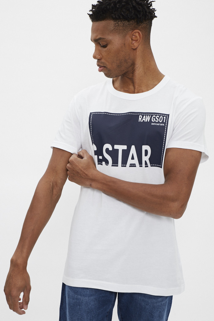 T shirt blanc floqu en coton G Star pour homme Destock Jeans