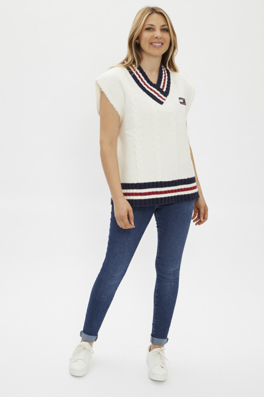 pull col V  blanc pour femme Tommy Jeans