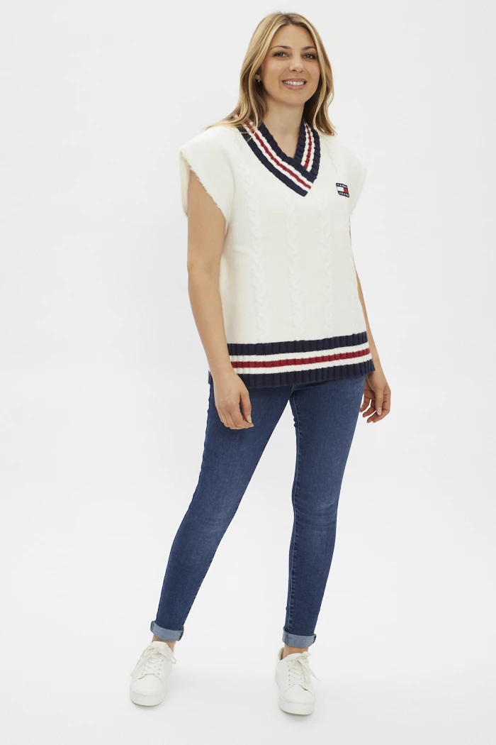 Pull blanc col V sans manches Tommy Jeans pour femme Destock Jeans