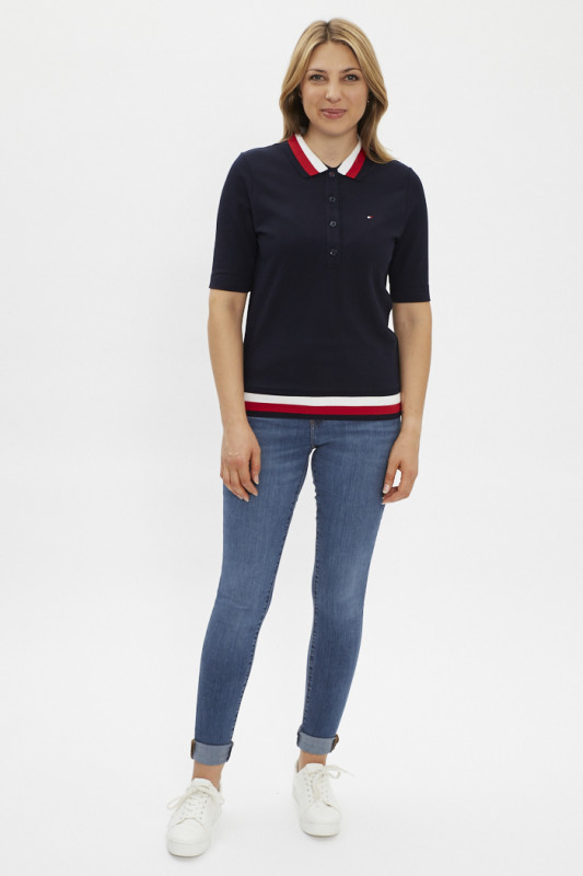 polo femme marine avec col bicolore blanc et rouge