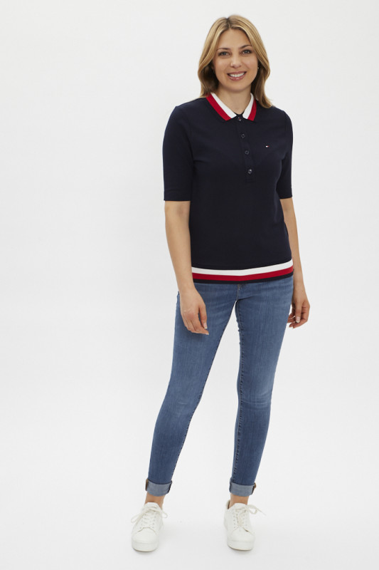 polo femme tommy hilfiger en coton et élasthanne manches mi-longues