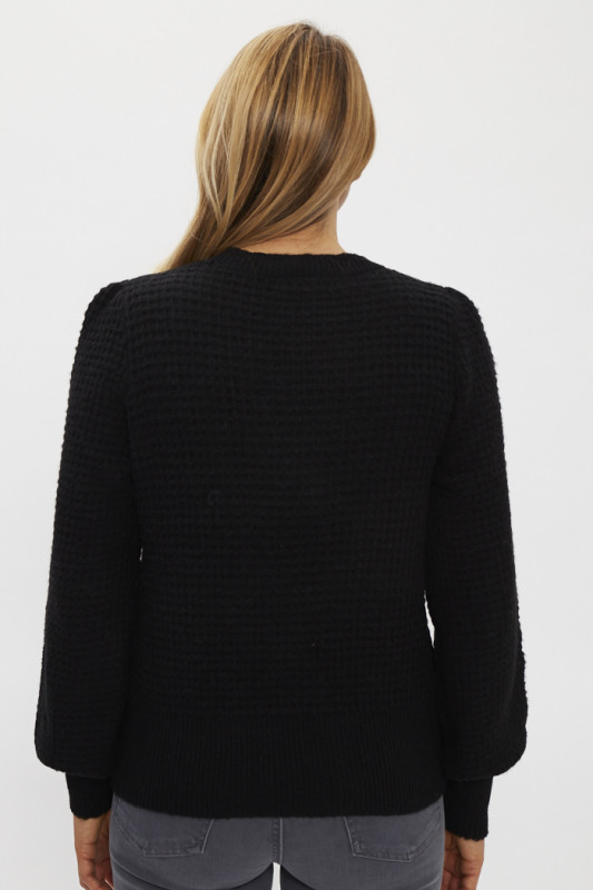 Pull noir maille fantaisie femme manches longues
