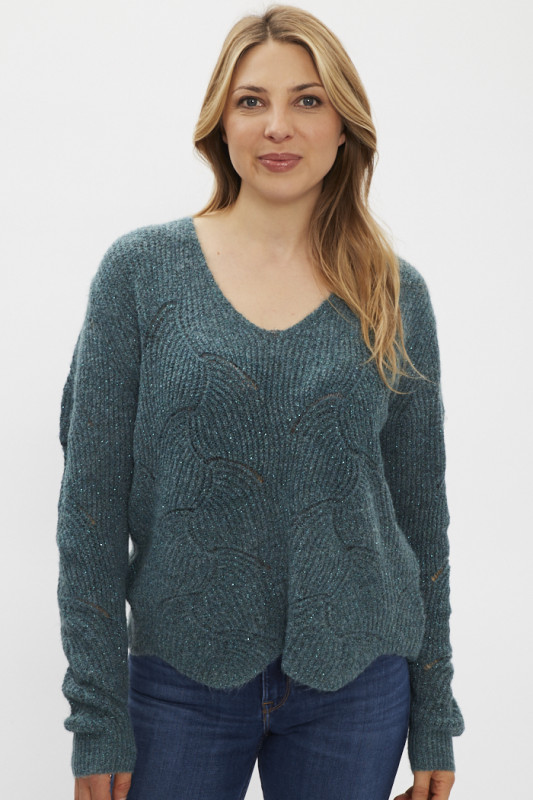 Pull vert maille fantaisie femme manches longues