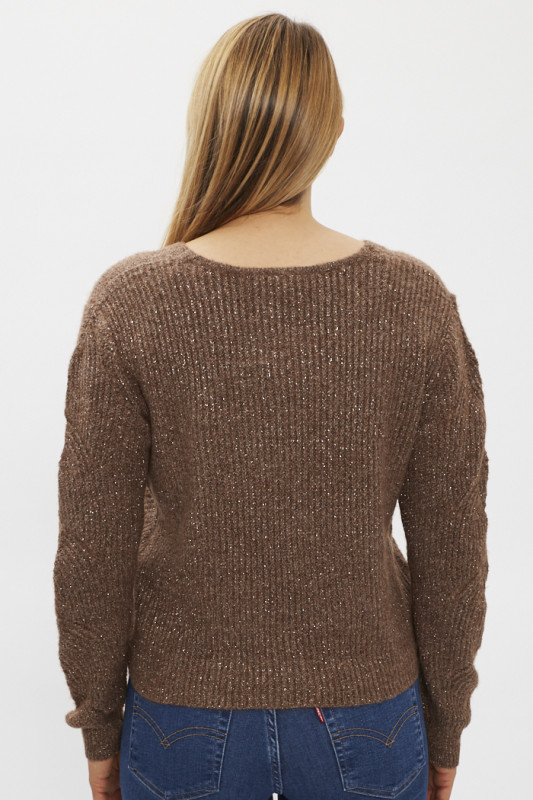 Pull marron maille fantaisie pour femme col V