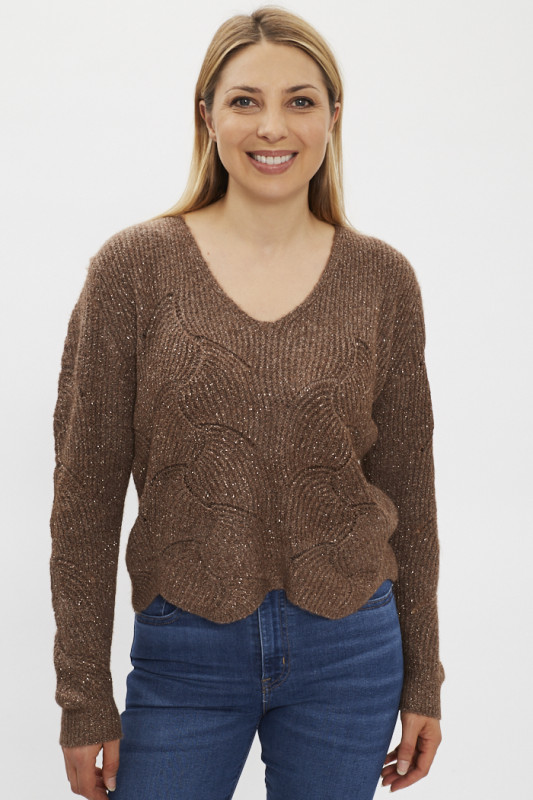 Pull marron maille fantaisie manches longues femme