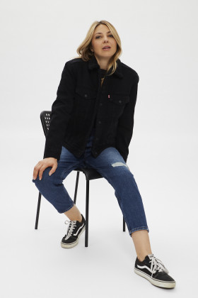 Veste Sherpa Trucker noire en jean pour femme