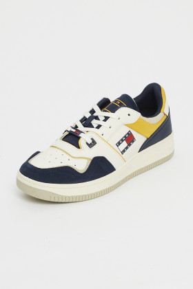 Sneakers cuir et tissu blanc marine et jaune homme Tommy Hilfiger