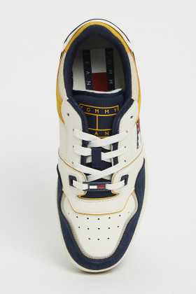Sneakers cuir et tissu blanc marine et jaune fermeture à lacets