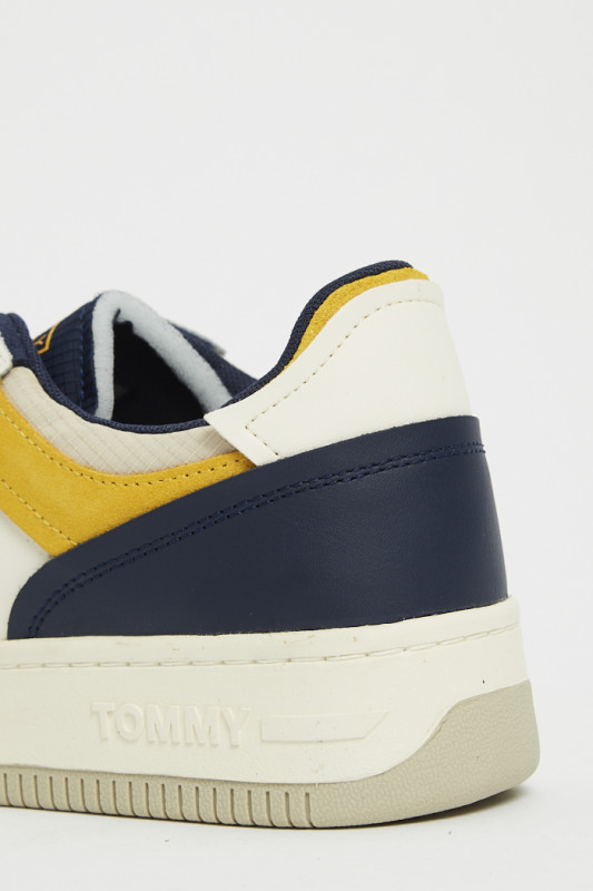 Sneakers cuir et tissu blanc marine et jaune homme logo tommy jeans