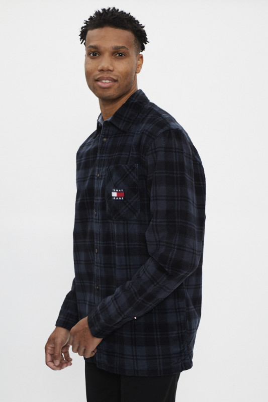 Chemise en velours à carreaux noirs et gris manches longues homme