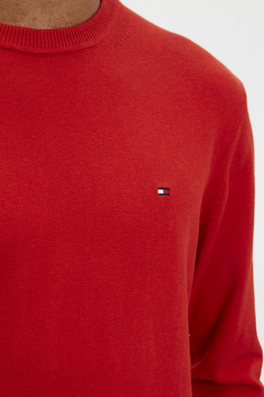 Pull rouge en coton et cachemire homme  col rond tommy hilfiger