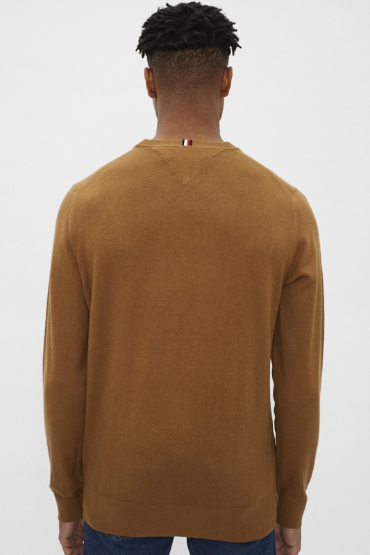Pull marron coton et cachemire homme manches longues