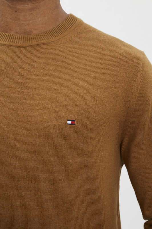 Pull marron coton et cachemire homme tommy hilfiger col rond