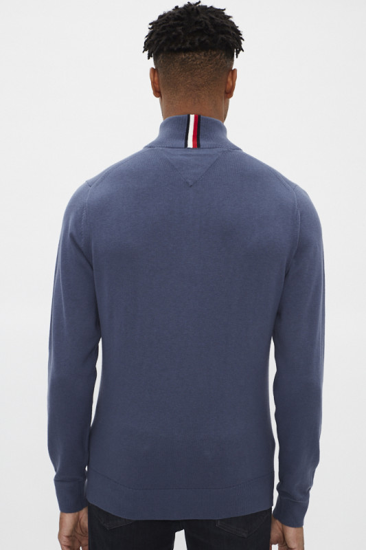 Pull bleu col camionneur zippé coton & cachemire Tommy Hilfiger