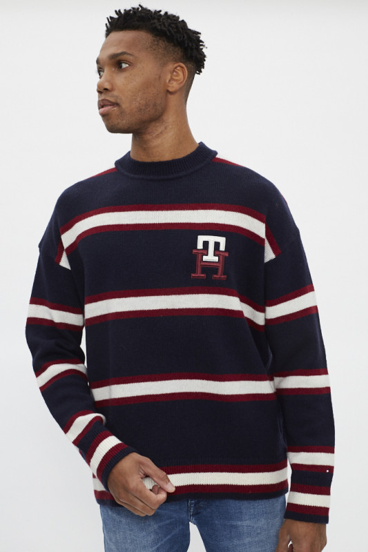 Pull col rond à rayures avec Monograme pour homme Tommy hilfiger manches longes