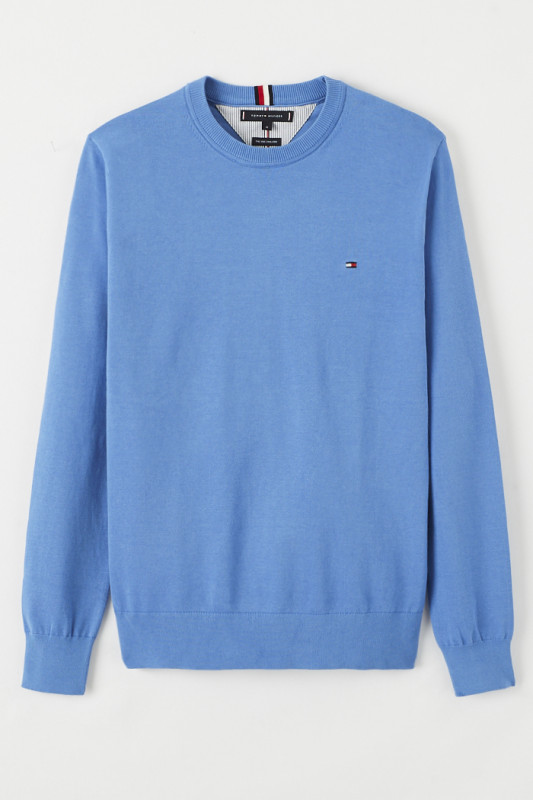 Pull col rond bleu coton & cachemire homme