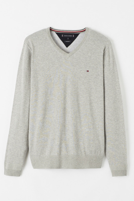 Pull col V gris clair coton & soie homme Tommy Hilfiger coupe droite