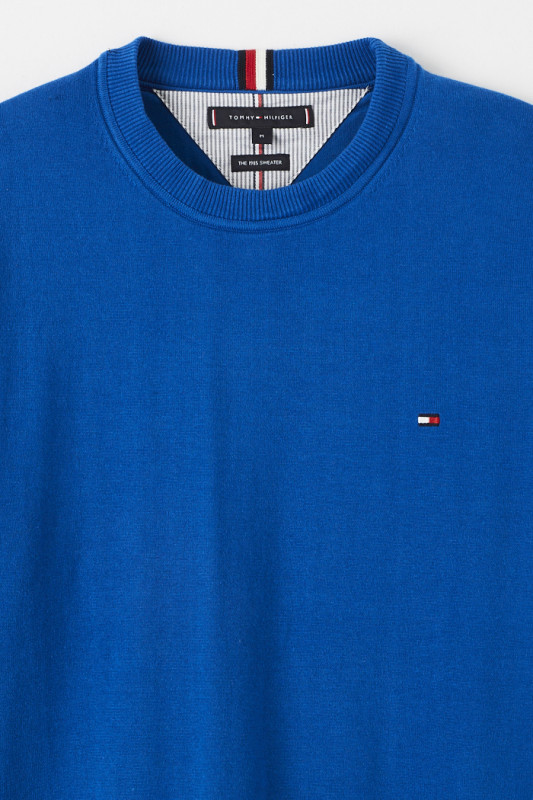 Pull col rond bleu denim coton & cachemire homme manches longues