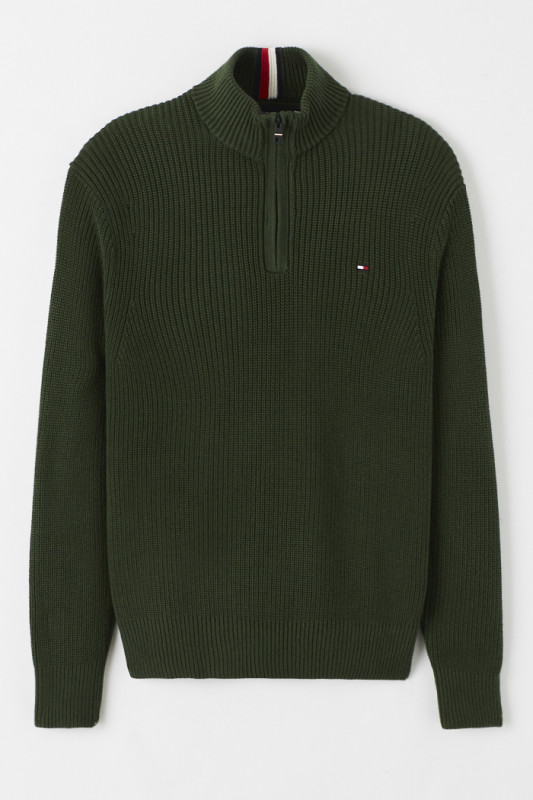 Pull kaki col camionneur 100% coton homme Tommy Hilfiger