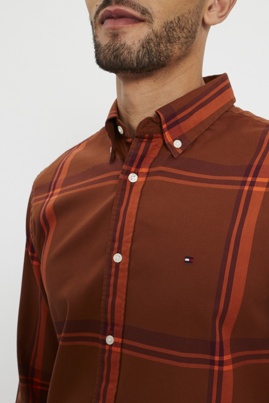Chemise à carreaux marron et orange homme Tommy Hilfiger manches longues