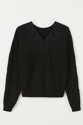 Pull col V noir col dentelle femme