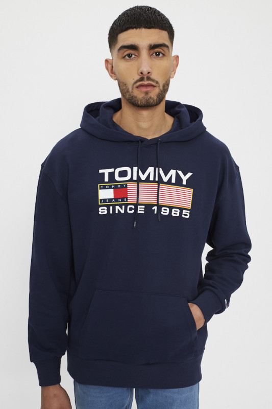 Sweat à capuche en coton bleu marine homme