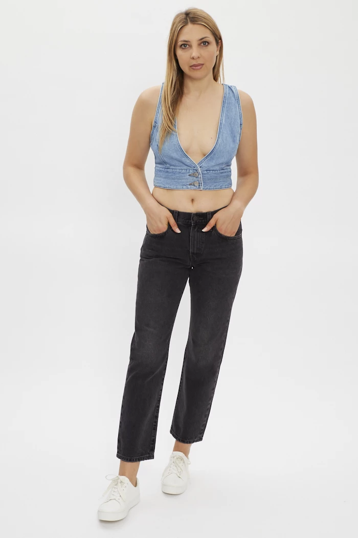 Crop Top I Love H81, Bleu à Pois, Taille M, Détail Bouton Dans Le Dos – Occasion