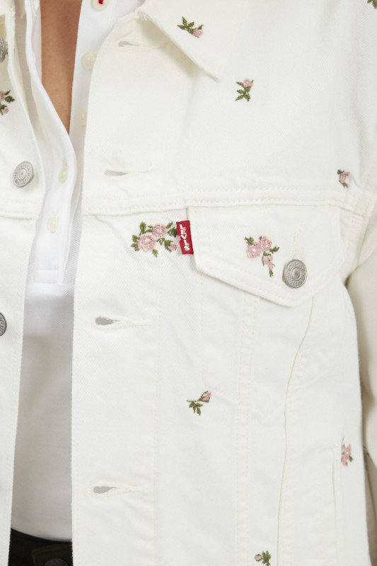 Veste en jeans blanche avec roses brodées pour femme