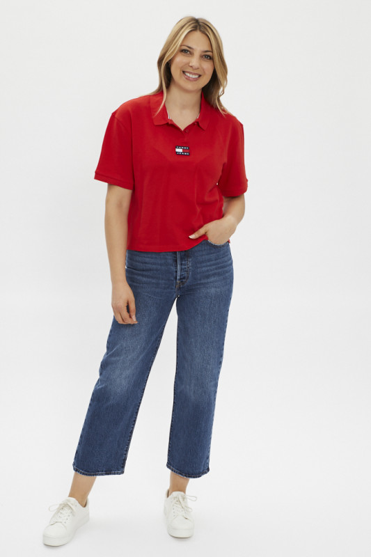 Polo rouge manches courtes à écusson femme Tommy Hilfiger