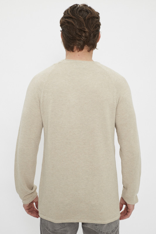 Pull maille col rond beige homme