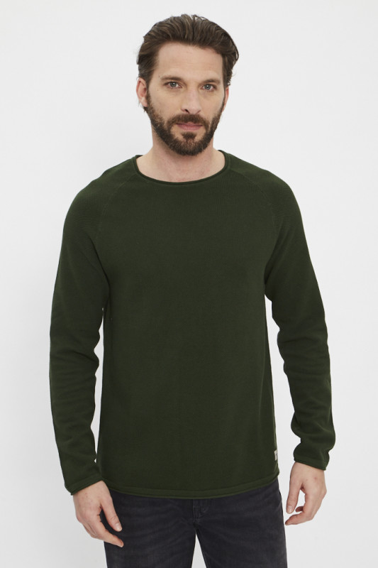 Pull en maille col rond vert sapin en coton 